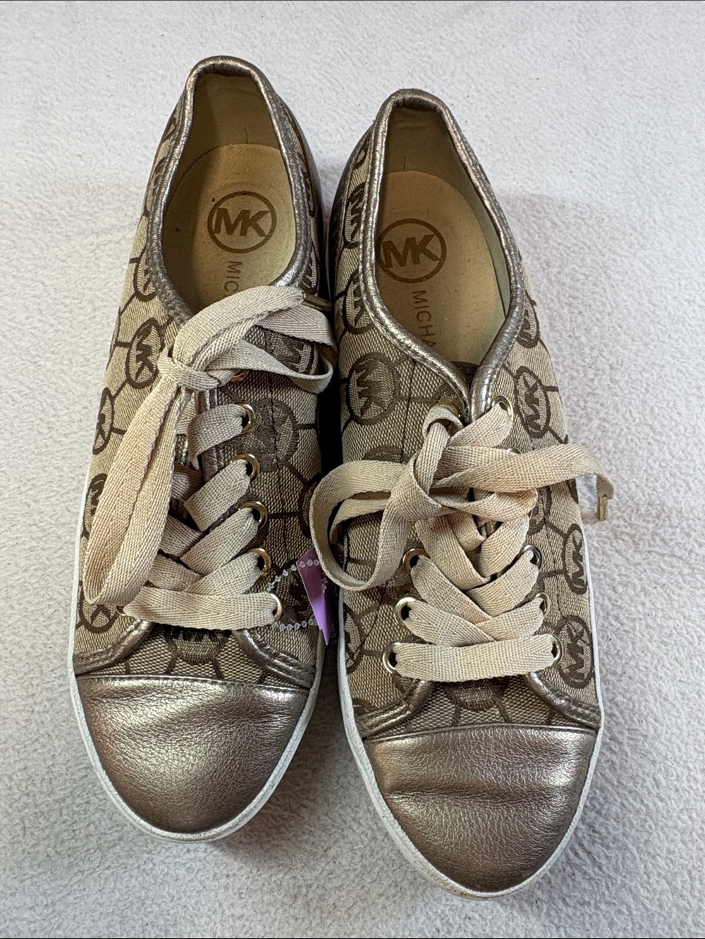 Michael Kors Beige and Bronze MK Logo Canvas Sneakers